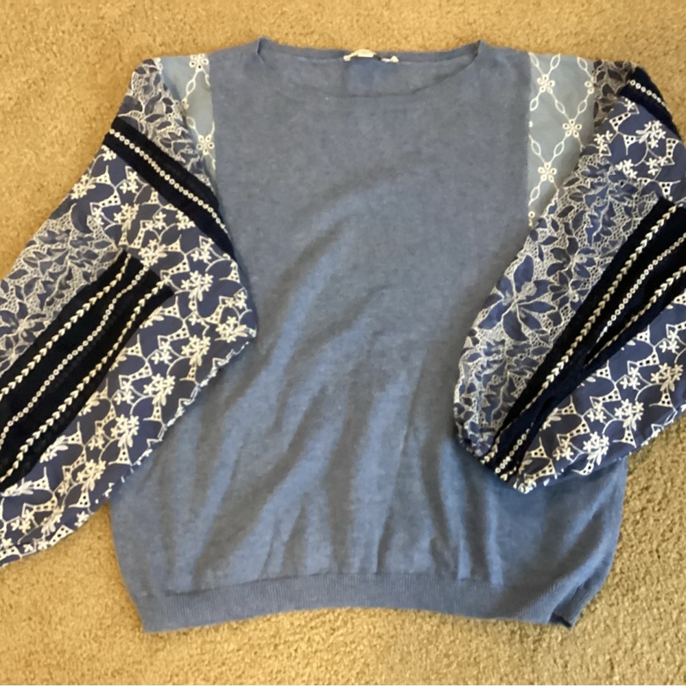 Chico's Blue Sweater with Lace Sleeves